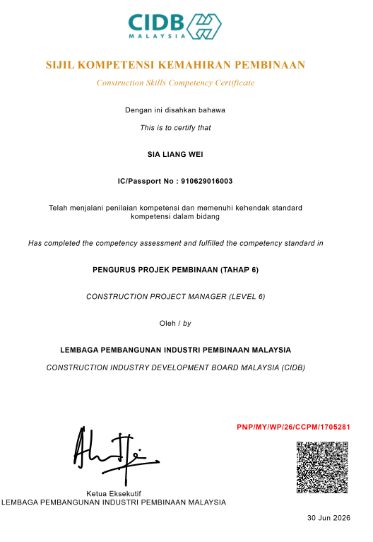 CIDB Construction Project Manager Level 6 competency certificate